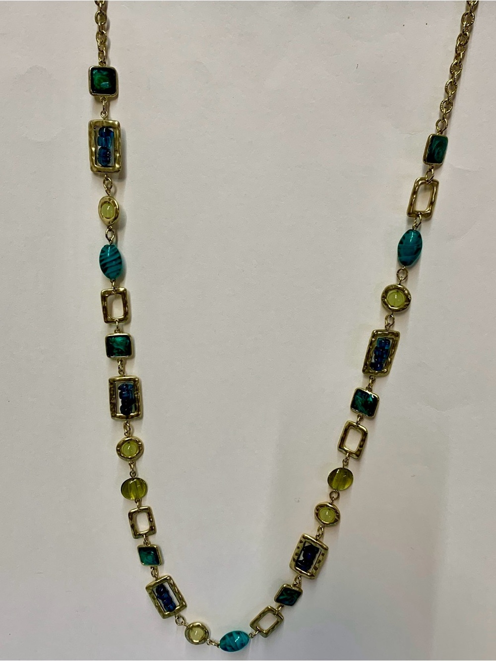 Chico's 42" Gold Tone Blue Green Multi-Shape Faux Gemstone Station Long Necklace